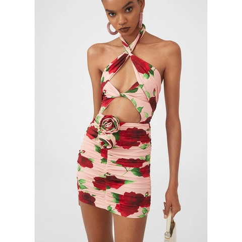 Jurk Met Rozenprint Halter Nek Rugloze Jurk Met 3D Bloem Ruched Bodycon Slim Mini Jurk Voor Dames Sexy Zomer
