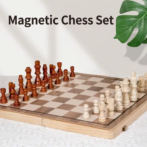 Wooden Chess And Checkers Magnetic Foldable Portable Storage Tabletop Educational Game Extra Queens For Kids And Adults