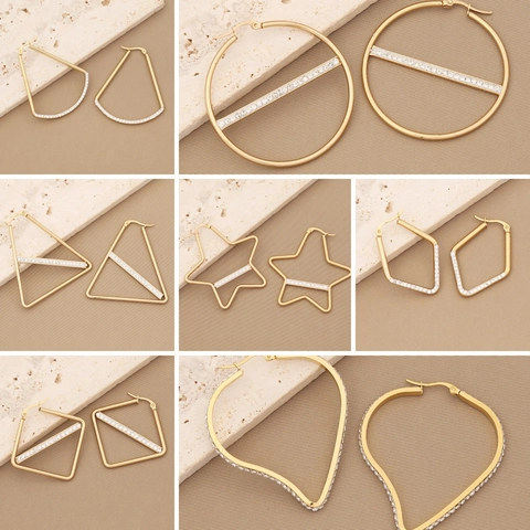 Geometric Hoop Earrings Stainless Steel With Rhinestone Zircon Heart Star Square Round Trendy Style For Women