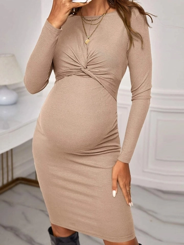 Robe De Maternité À Manches Longues En Tricot Côtelé Col Rond Coupe Ajustée Bodycon Noeud Avant Couleur Unie Élégante