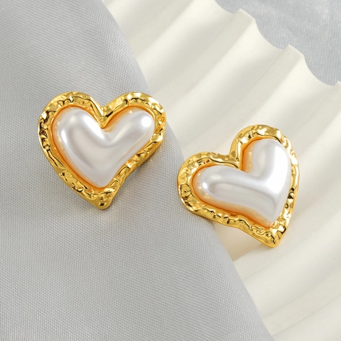 Orecchini Lobo Cuore Acciaio Inossidabile Placcato Oro 18K Metallo Martellato Perla Artificial Imitazione Retro Francese Donna