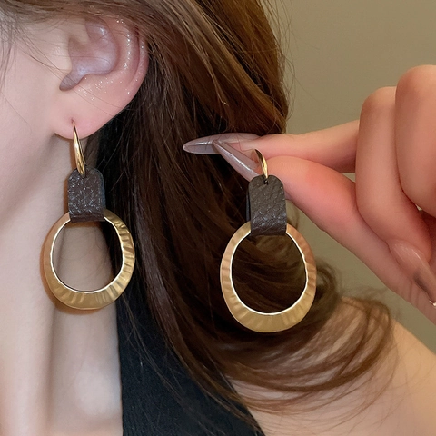 Vintage Geometric Dangle Hoop Earrings With Alloy Hammered Metal And Faux Leather Plus Silver Earring Post For Women