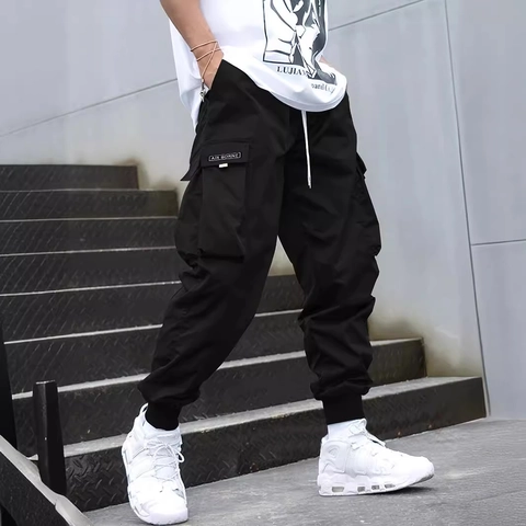 Men Casual Cargo Jogger Pants Multi-Pocket Japanese Streetwear Loose Cotton Solid Color Trousers Spring Autumn