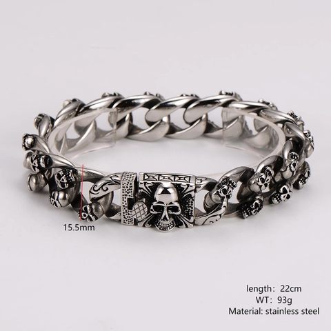 Pulsera De Cadena De Calavera Para Hombre Acero Inoxidable 304 Punk Gótico Retro Doble Fila Joyería Heavy Metal Para Hombre Accesorio