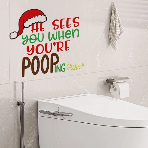 Funny Christmas Toilet Seat Sticker PVC Waterproof Removable Humorous Slogan Bathroom Wall Decal Festive Home Decor