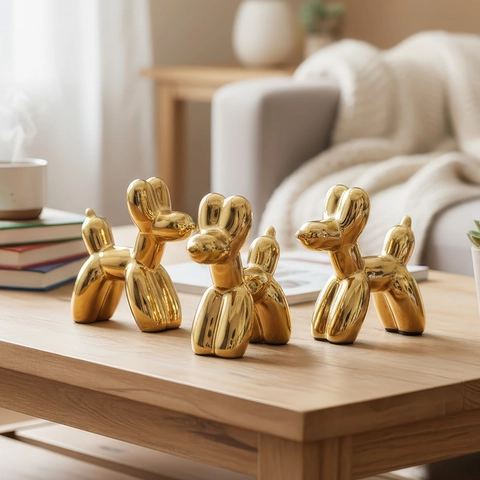Statuetta Cane Palloncino In Ceramica Galvanizzata Oro Scultura Arte Moderna Ornamento Scrivania Arredamento Casa Lusso