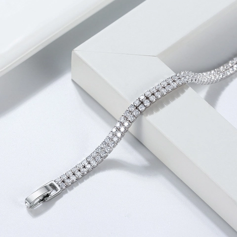 Bracelet Tennis Double Rangée Argent Sterling 925 Zircone Cubique Étincelant Bijoux Classiques Pour Femmes Cadeau Élégant