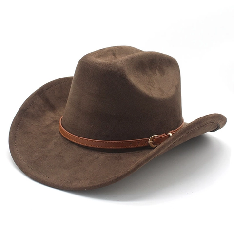 Chapeau De Cowboy Western Daim Large Bord Recourbé Avec Boucle Ceinture Vintage Unisexe Style Fedora