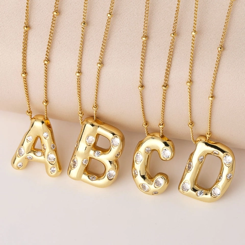 Initial Necklace Letter Pendant Copper Gold Plated Zircon Inlaid Bubble Style Clavicle Chain Jewelry For Women