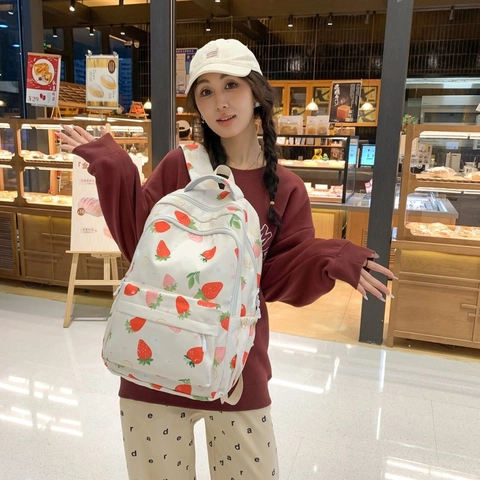 Zaino Carino Con Stampa Di Fragole Per Ragazze Grande Capacità Nylon Borsa Scolastica Per Studenti Kawaii Floreale Zainetto Bambini