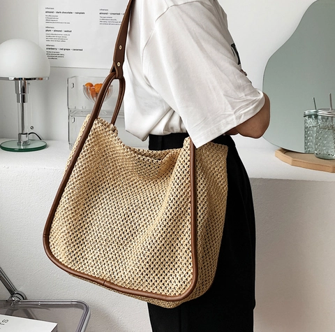 Bolso Tote Tejido De Paja Con Ribete De Cuero PU Gran Capacidad Vacaciones De Verano En La Playa Bolso De Hombro De Color Contrastante Para Mujer