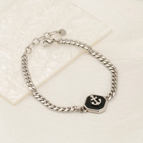 Curb Chain Bracelet Stainless Steel Anchor Pendant Hexagon Enamel Nautical Style Fashion Jewelry Unisex