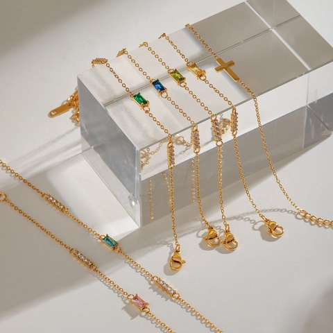 Bracciale A Strati Croce Acciaio Inossidabile Dorato Zircone Rettangolare Gemma Colorata Gioielli Impermeabile Ipoallergenico