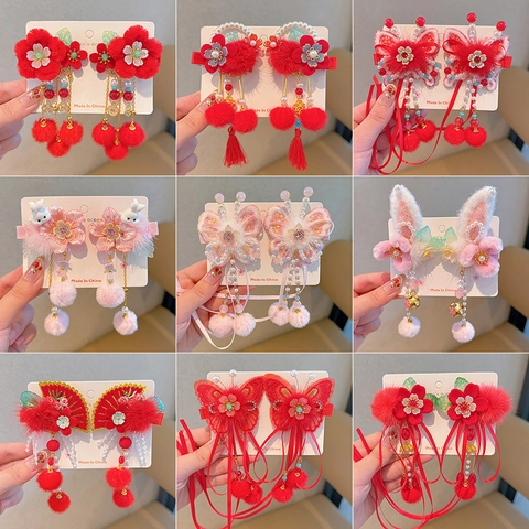 Pinces À Cheveux Filles Nœud Velours Rouge Glands Épingles À Cheveux Style Ancien Nouvel An Chinois Hanfu Accessoires
