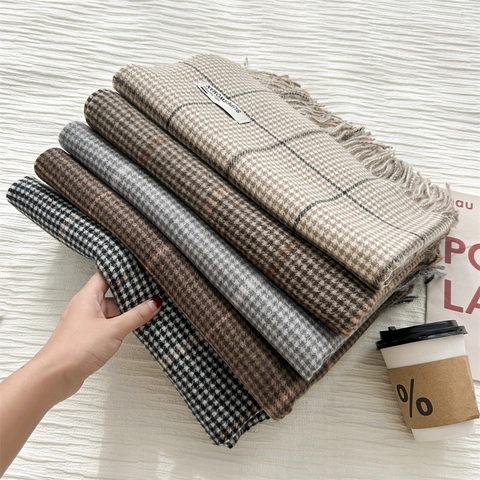 Damen Karierter Schal Mit Hahnentrittmuster Kaschmirimitat Weich Warm Lang Quasten Stola Winter Mode Accessoires
