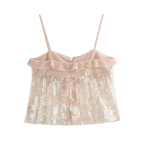 Women Sequined Tank Top Ruffle Trim Mesh Bow Tie Sleeveless Sweet Sparkly Camisole Top Pink