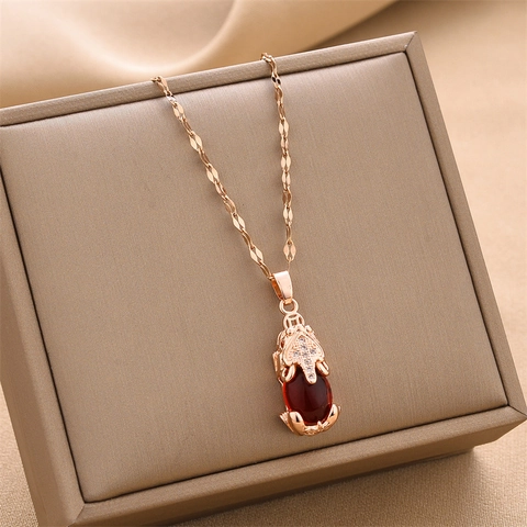 Collar Con Colgante De Pixiu De Acero Inoxidable Para Mujer Zirconia Roja Vintage Oro Oro Rosa Plata Joyería De Estilo Chino