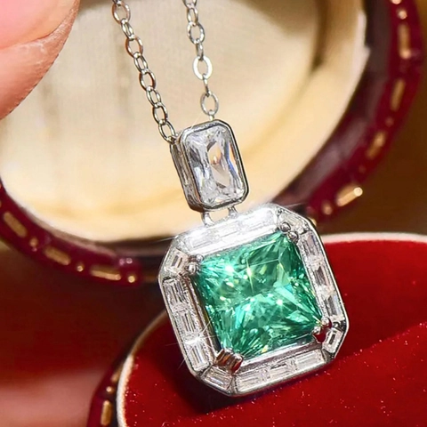 Elegant Square Green Zircon Pendant Necklace Copper White Gold Plated Geometric Jewelry For Women Party Formal Gift