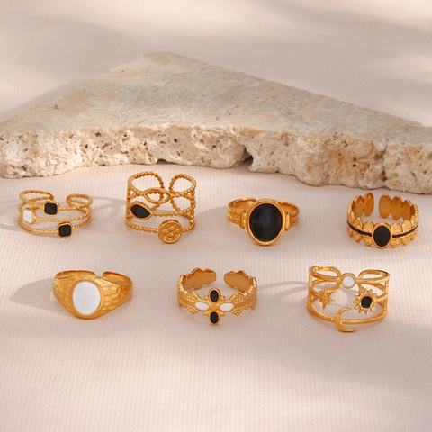Anelli Aperti Regolabili Per Donna Acciaio Inossidabile Smalto Zirconia Sole Luna Stella Geometrico Vintage Gioielli Stile Ins