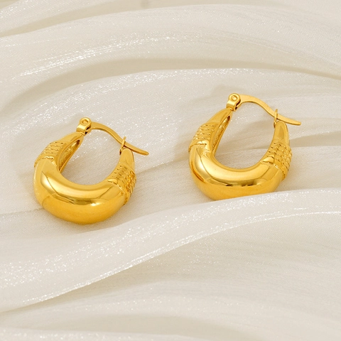 Boucles D'Oreilles Créoles En Forme De U Pour Femmes Plaqué Or 18 Carats Acier Titane Texture Maille Géométrique Bohème
