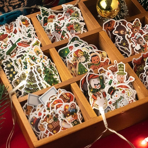 Vintage Christmas Stickers Bronzing Decorative Decals Retro Holiday Paper Materials For DIY Journaling Scrapbooking