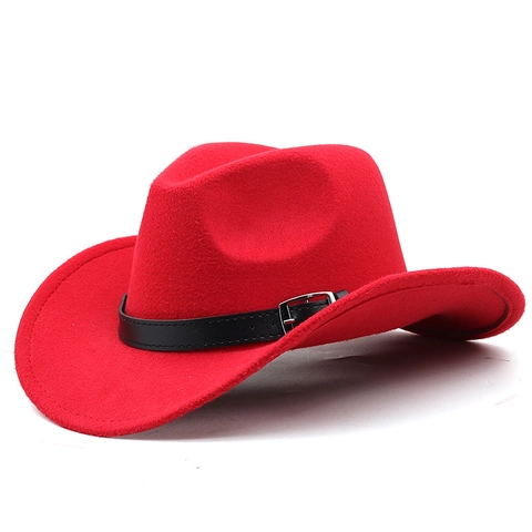 Western Cowboy Hat Wide Brim Polyester Felt Fedora With Leather Belt Metal Buckle Vintage Ethnic Style Unisex