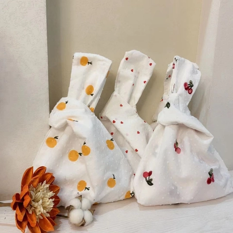 Borsa Da Polso Con Nodo Stile Giapponese In Cotone A Pois Stampa Frutta Cuore Mini Borsa A Mano