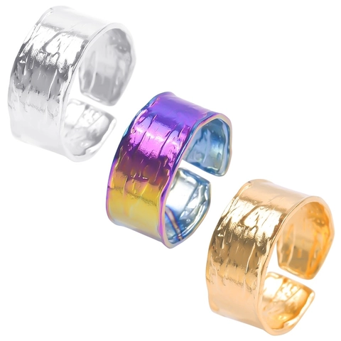 Gehämmerter Edelstahl Ring Offen Verstellbar Breites Band Minimalistischer Geometrischer Schmuck Für Damen Und Herren