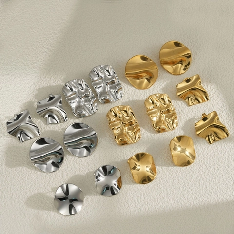 Geometric Irregular Stainless Steel Stud Earrings With 18K Gold Plated Bumpy Wrinkle Texture Minimalist Style For Women
