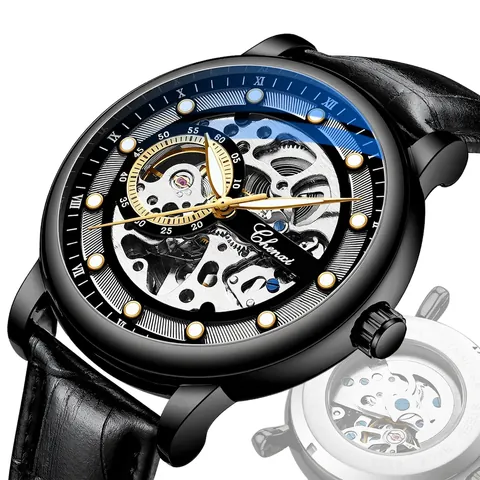 CHENXI Men's Automatic Skeleton Mechanical Watch Business Fashion Luminous Waterproof Leather Stainless Steel Band Wristwatch CX-8843