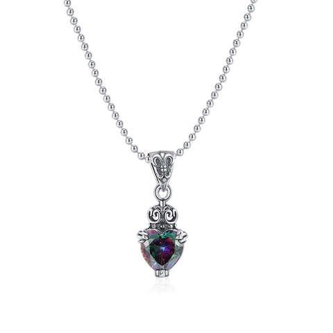 Vintage Kupfer Herz Anhänger Halskette Für Damen Irisierend Zirkonia Krone Design Versilbert Kugelkette Schmuck Geschenk