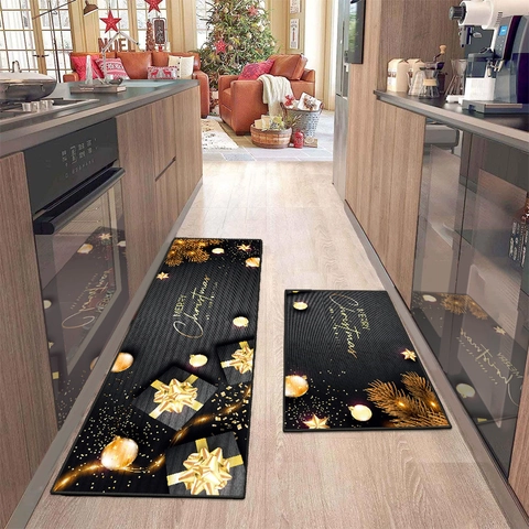 Christmas Kitchen Mat And Runner Polyester Anti-Slip Washable Absorbent Decorative Floor Rug For Home Indoor