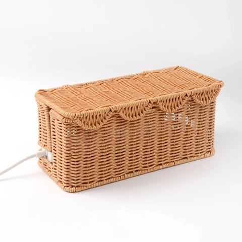 Cable Management Box Woven PP Rattan Power Strip Storage Organizer With Lid Dustproof For Desk Living Room Office Home