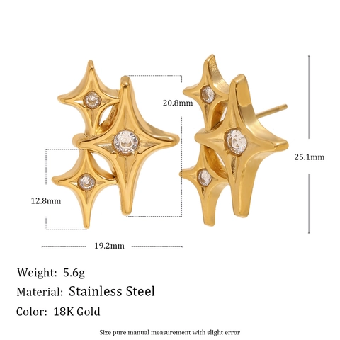 Starburst Ohrstecker Edelstahl 18K Vergoldet Zirkonia Geometrischer Vierpunktstern Y2K Stil Damen