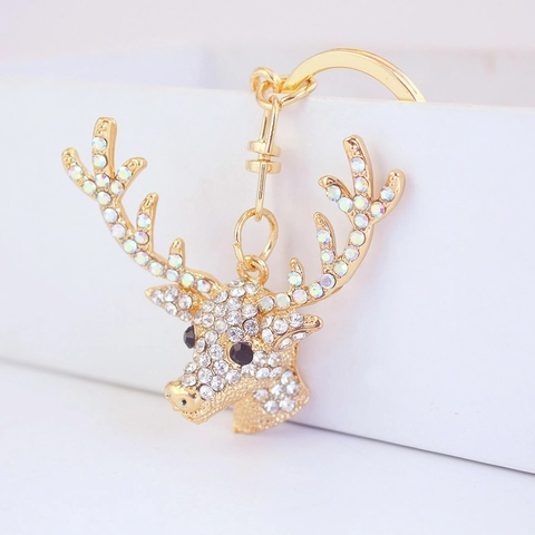 Deer Head Keychain Zinc Alloy Sparkling Rhinestone Elk Pendant Bag Charm Animal Keyring For Women Christmas Gift