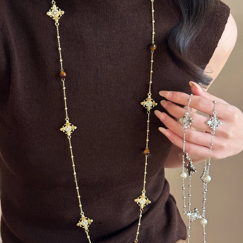 Collana Lunga Da Maglione Con Pendente A Croce Barocca Vintage Lega Strass Occhio Di Tigre E Perla Artificial Sintetica Stile Retro Donna