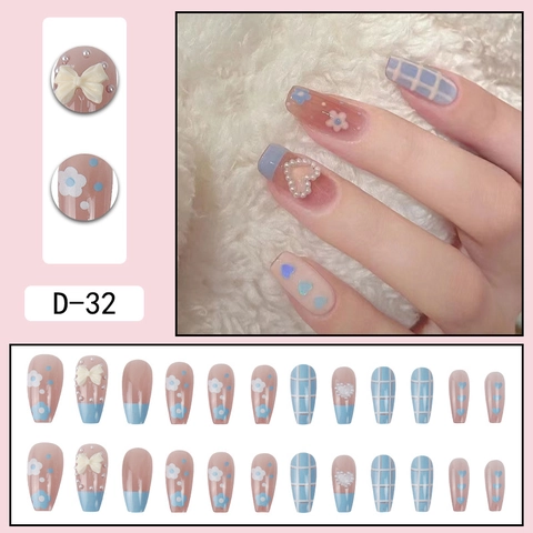 Kunstnagels Lang Vierkant Blauw Geblokt Kunstparel Hart Strikje Bloemen Frans Decoratieve Herbruikbaar Zoet Voor Dames
