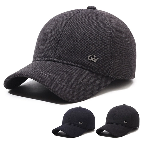 Men Winter Warm Baseball Cap With Ear Flaps Woolen Fleece Lined Windproof Cold Weather Outdoor Hat Metal Logo