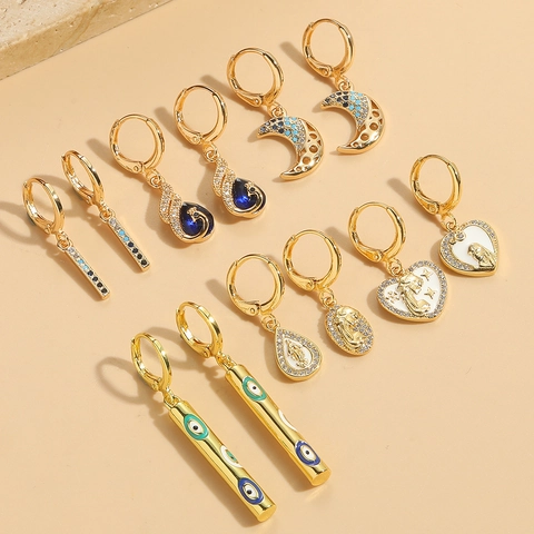 Pendientes Vintage de Cobre Circonia Ojo del Mal para Mujer Esmalte Corazón Luna Relieve Religioso Chapado en Oro Joyería
