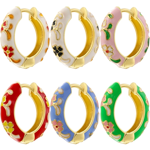 Vintage Enamel Flower Hoop Earrings For Women Retro Copper Floral Pattern Colorful Elegant Hoop Earrings Daily Ear Jewelry
