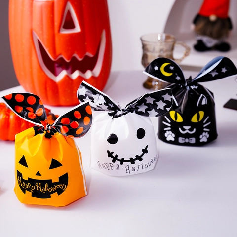 Sacchetti Regalo Per Caramelle Halloween Plastica Con Orecchie Di Coniglio Per Feste Motivo Zucca Fantasma Gatto Nero