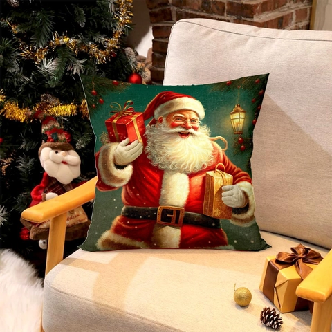 Christmas Pillowcase Decorative Throw Cushion Cover Santa Claus Snowman Print Polyester Linen Texture Festive Home Sofa Decor