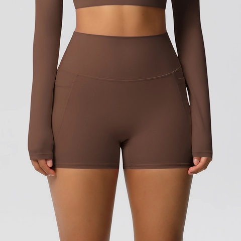 Women High Waist Yoga Shorts Brushed Solid Color Side Pocket Fitness Running Sports Tight High Stretch Breathable