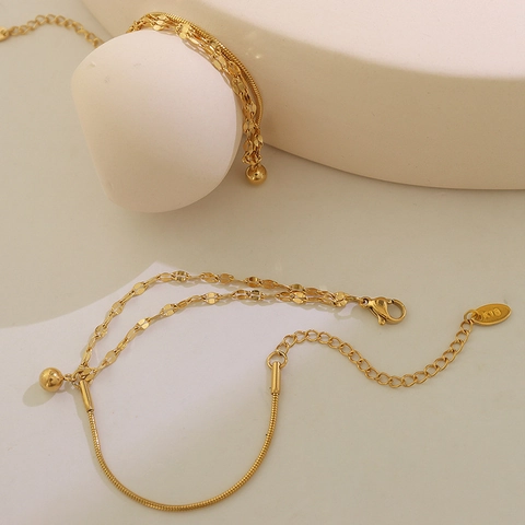 Minimalist Double Layer Chain Bracelet 18K Gold Plated Stainless Steel Gold Ball Pendant Dainty Jewelry For Women