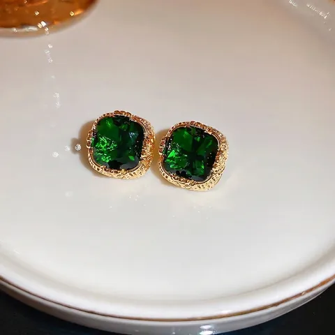 Boucles D'oreilles Carrées Zircon Vert Émeraude Cuivre Tige Argent Sterling 925 Vintage Français Luxe Pour Femmes