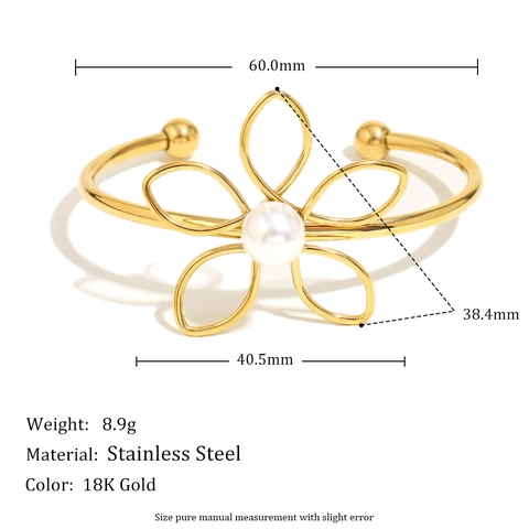 Vintage Blumen Schmuck Für Frauen 18K Vergoldeter Edelstahl Kunstperlen Ohrstecker Und Offener Armreif