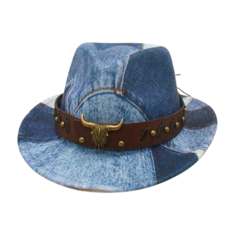 Cappello Cowboy Western Per Bambini Stampa Denim Patchwork Con Fibbia Testa Di Toro Fascia Pelle Borchie Fedora