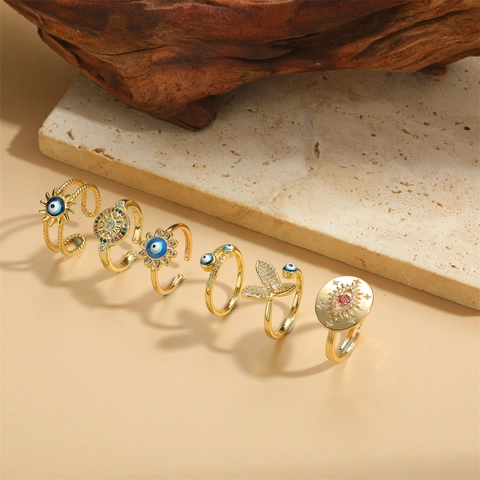 Vergoldeter Kupfer Ring Böser Blick Für Damen Verstellbar Sonnenblume Schmetterling Zirkonia Emaille Finger Schmuck