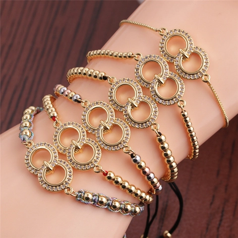 Pulsera Ajustable De Doble Anillo Entrelazado De Cobre Micro Pavé Circón Elegante Cuerda Tejida Cadena De Caja Joyería Mujer
