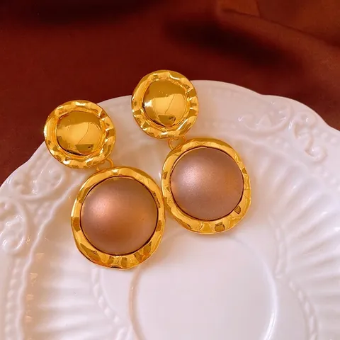 Vintage Exaggerated Alloy Textured Round Drop Earrings With Silver Earring Post Luxury Golden Brown Jewelry For Women